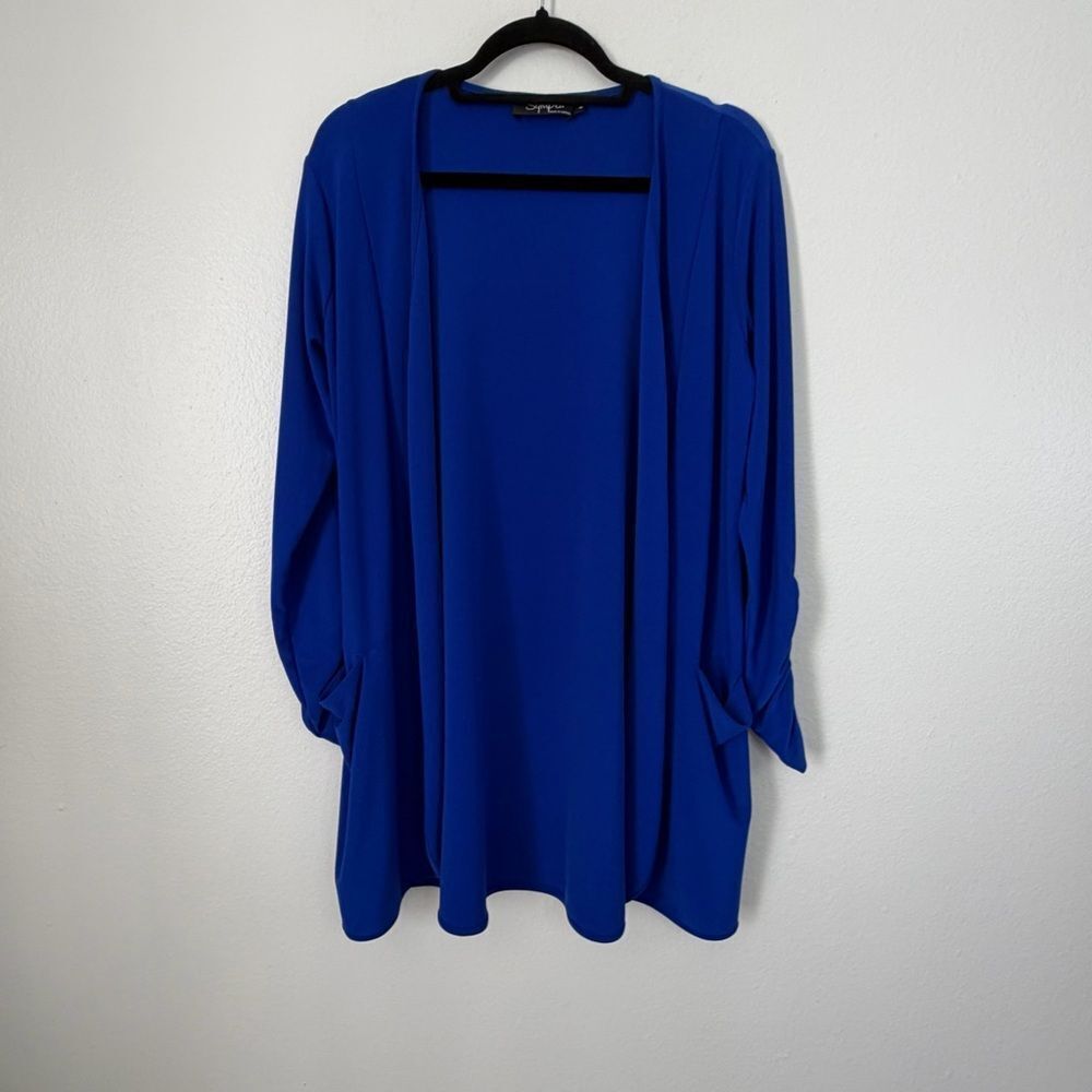 Sympli Womens Blue Cardigan Open Front Long Sleeve Duster Size 8 Made in Canada